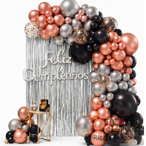 SET DE GLOBOS ARCO XL FELIZ CUMPLEA�OS ROSA GOLD NEGRO Y PLATA (00010) 98 UNIDADES